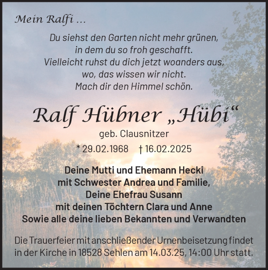 Traueranzeige von Ralf Hübner von Märkische Oderzeitung