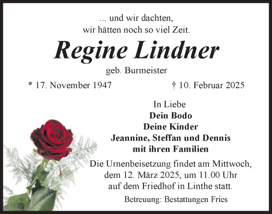 Traueranzeige von Regine Lindner von Märkische Oderzeitung