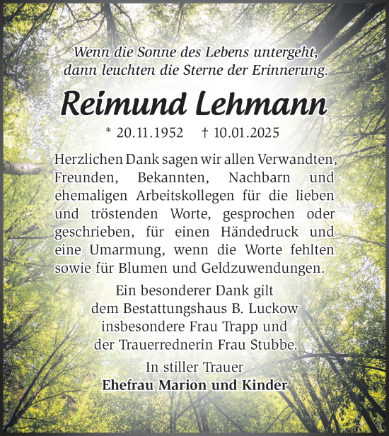 Traueranzeige von Reimund Lehmann von Märkische Oderzeitung