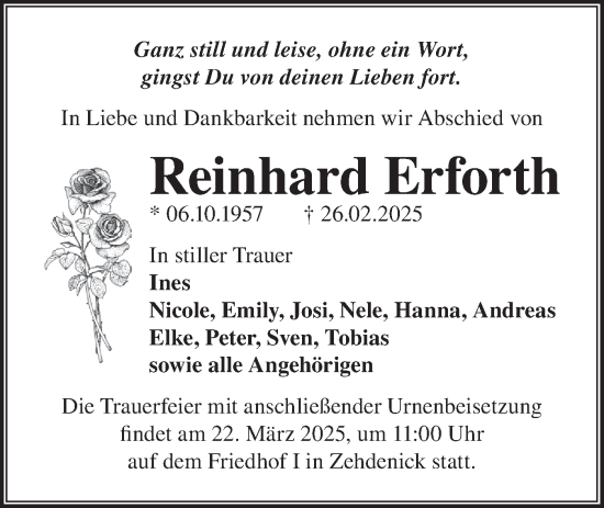 Traueranzeige von Reinhard Erforth von Märkische Oderzeitung