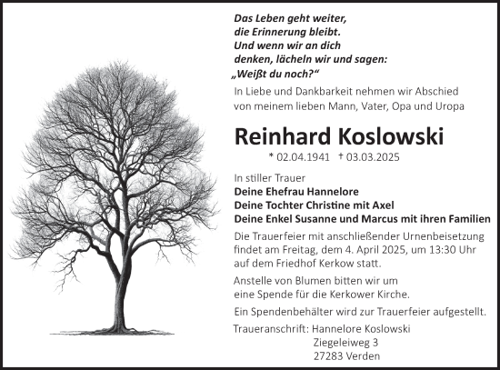 Traueranzeige von Reinhard Koslowski von Märkische Oderzeitung
