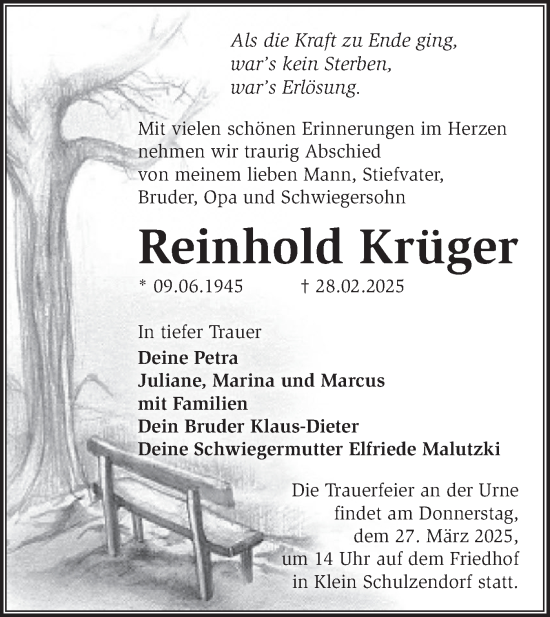 Traueranzeige von Reinhold Krüger von Märkische Oderzeitung