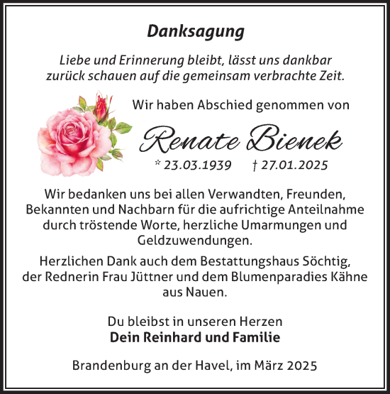 Traueranzeige von Renate Bienek von Märkische Oderzeitung
