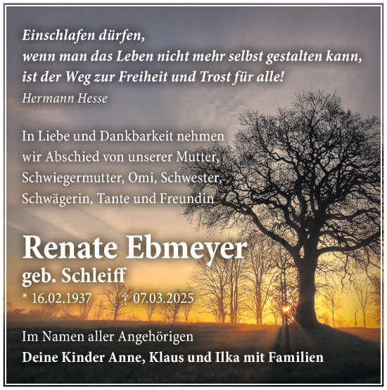 Traueranzeige von Renate Ebmeyer von Märkische Oderzeitung