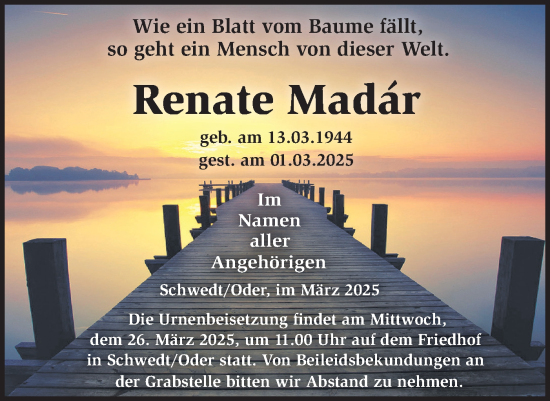 Traueranzeige von Renate Madar von Märkische Oderzeitung