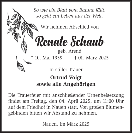 Traueranzeige von Renate Schaub von Märkische Oderzeitung