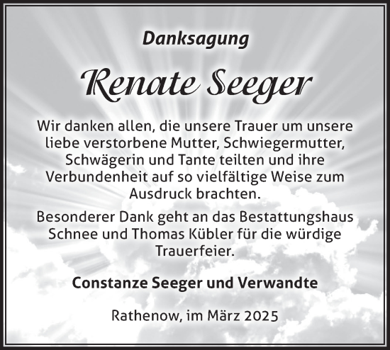 Traueranzeige von Renate Seeger von Märkische Oderzeitung