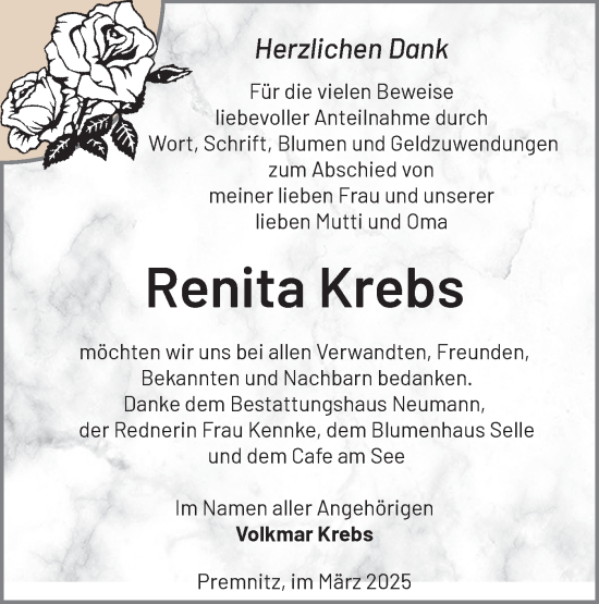 Traueranzeige von Renita Krebs von Märkische Oderzeitung