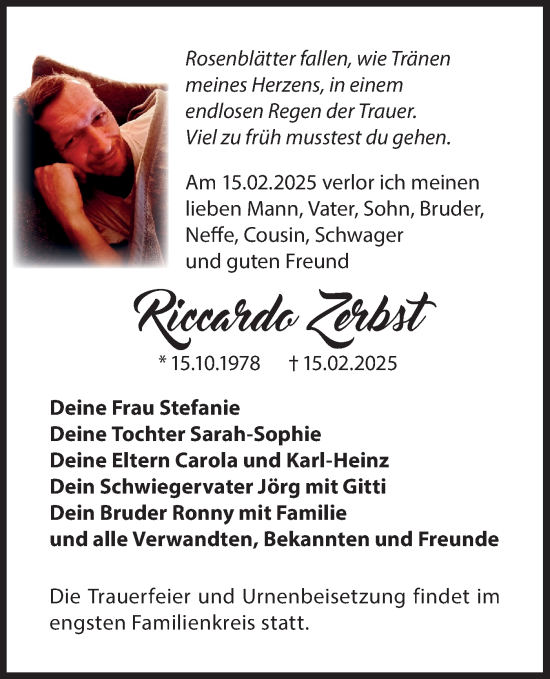 Traueranzeige von Riccardo Zerbst von Märkische Oderzeitung