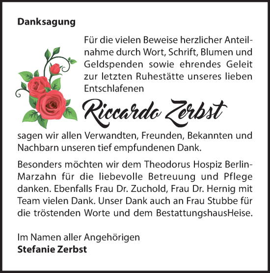Traueranzeige von Riccardo Zerbst von Märkische Oderzeitung