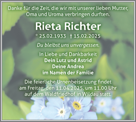 Traueranzeige von Rieta Richter von Märkische Oderzeitung