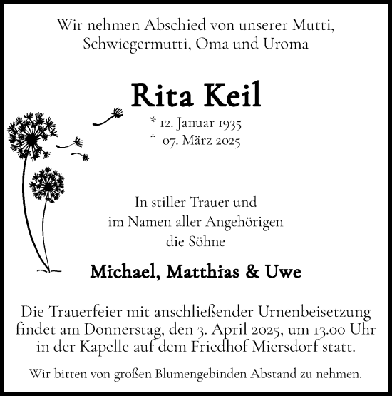 Traueranzeige von Rita Keil von Märkische Oderzeitung