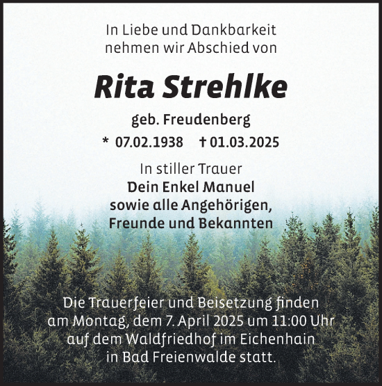 Traueranzeige von Rita Strehlke von Märkische Oderzeitung
