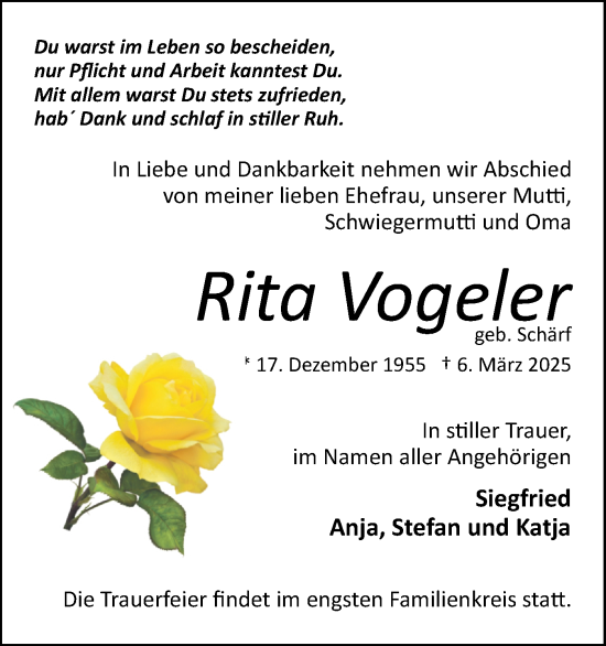 Traueranzeige von Rita Vogeler von Märkische Oderzeitung
