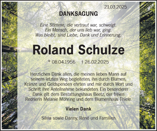 Traueranzeige von Roland Schulze von Märkische Oderzeitung