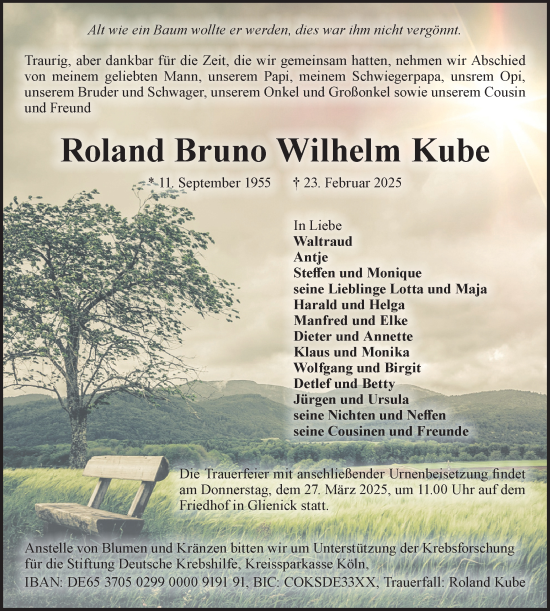 Traueranzeige von Roland Bruno Wilhelm Kube von Märkische Oderzeitung