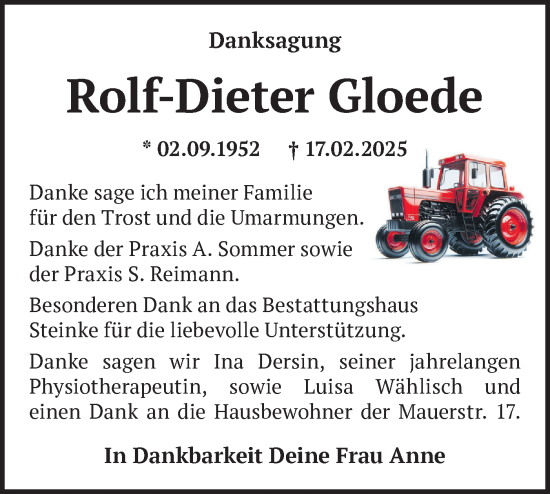 Traueranzeige von Rolf-Dieter Gloede von Märkische Oderzeitung