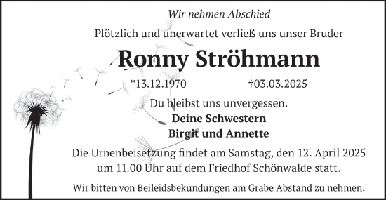 Traueranzeige von Ronny Ströhmann von Märkische Oderzeitung