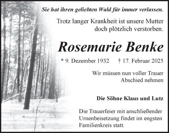 Traueranzeige von Rosemarie Benke von Märkische Oderzeitung