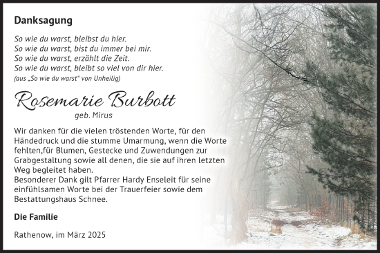 Traueranzeige von Rosemarie Burbott von Märkische Oderzeitung