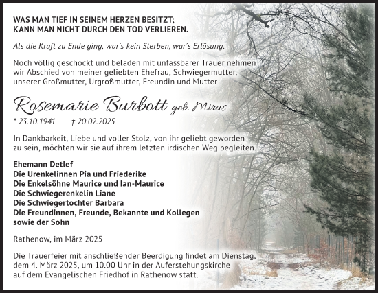 Traueranzeige von Rosemarie Burbott von Märkische Oderzeitung