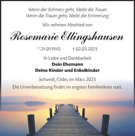 Traueranzeige von Rosemarie Ettingshausen von Märkische Oderzeitung