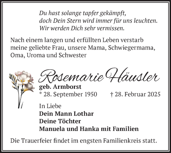 Traueranzeige von Rosemarie Häusler von Märkische Oderzeitung