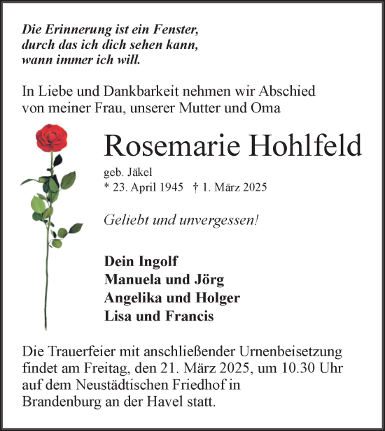 Traueranzeige von Rosemarie Hohlfeld von Märkische Oderzeitung