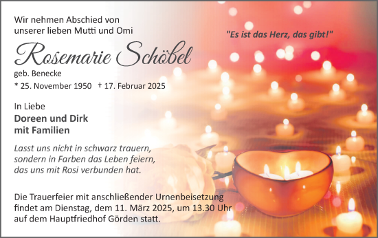 Traueranzeige von Rosmarie Schößel von Märkische Oderzeitung