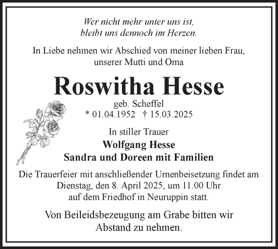 Traueranzeige von Roswitha Hesse von Märkische Oderzeitung