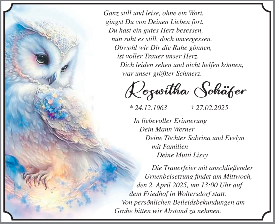 Traueranzeige von Roswitha Schäfer von Märkische Oderzeitung