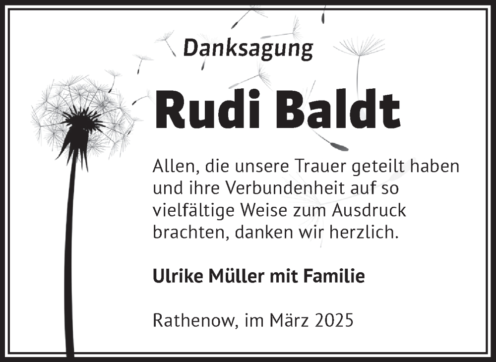  Traueranzeige für Rudi Baldt vom 08.03.2025 aus Märkische Oderzeitung