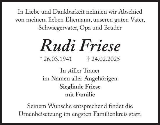Traueranzeige von Rudi Friese von Märkische Oderzeitung