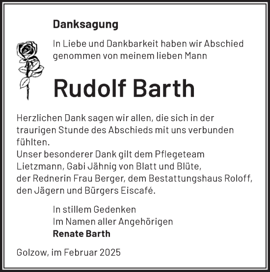 Traueranzeige von Rudolf Barth von Märkische Oderzeitung