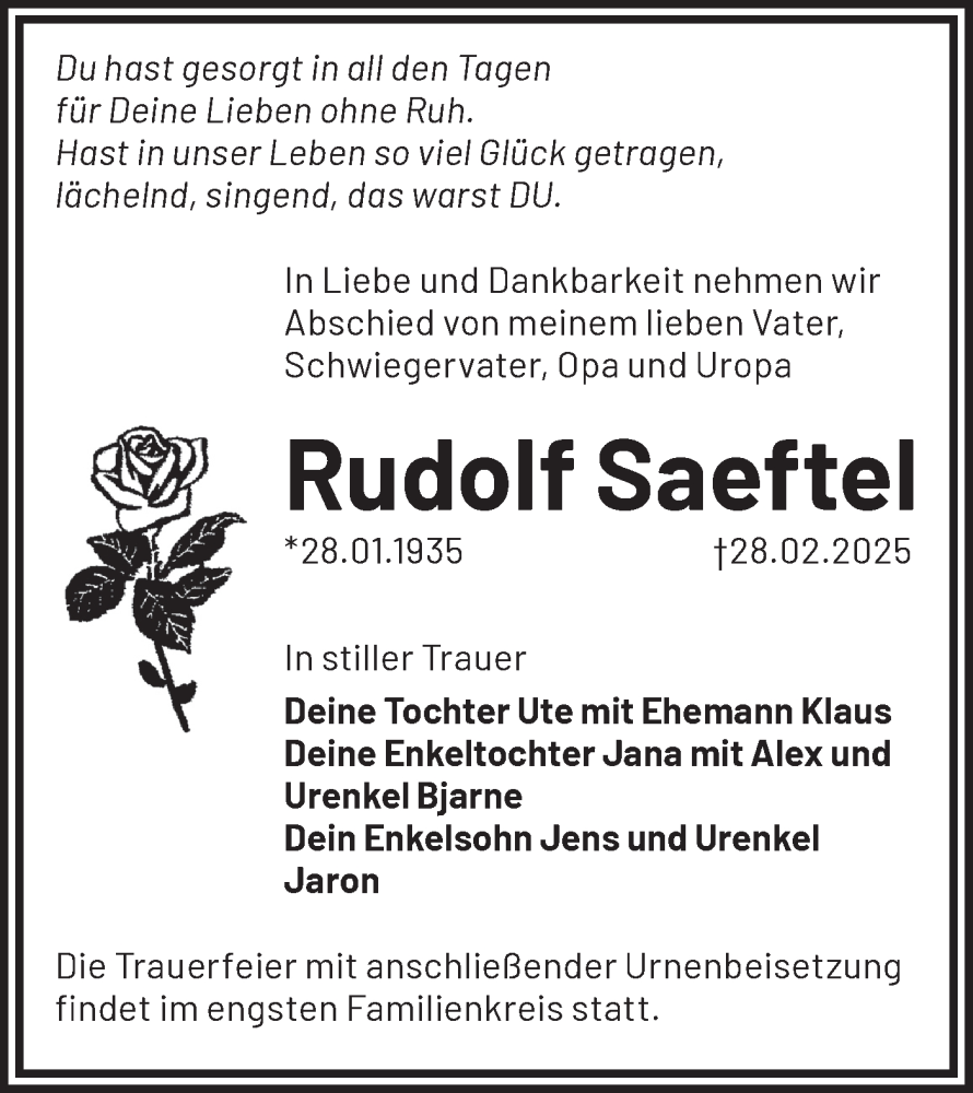  Traueranzeige für Rudolf Saeftel vom 08.03.2025 aus Märkische Oderzeitung