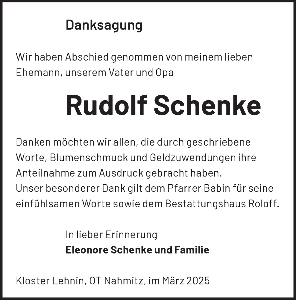  Traueranzeige für Rudolf Schenke vom 08.03.2025 aus Märkische Oderzeitung