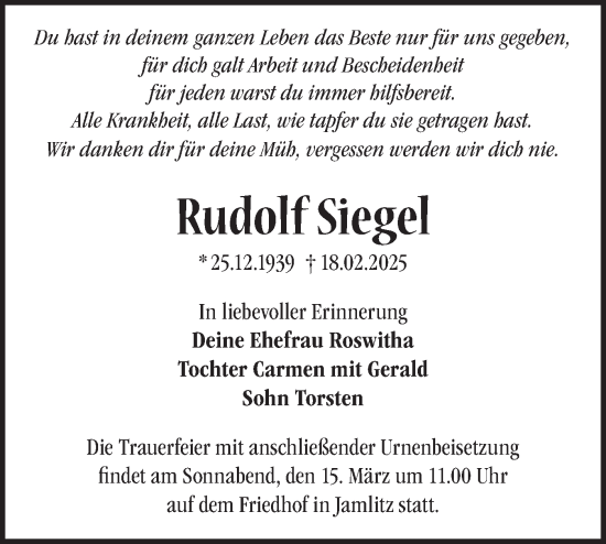 Traueranzeige von Rudolf Siegel von Märkische Oderzeitung