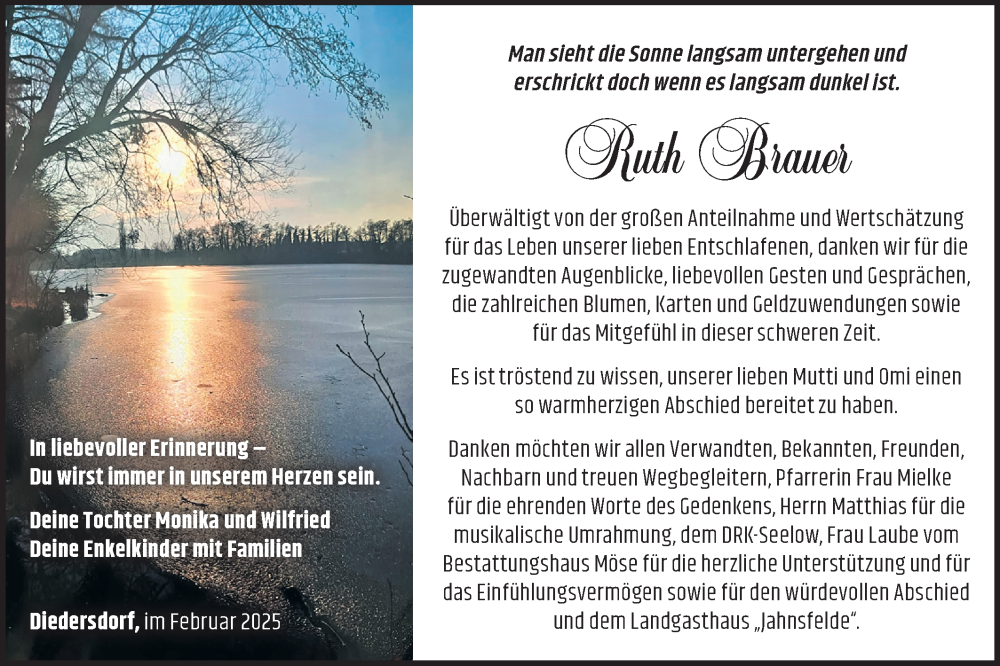  Traueranzeige für Ruth Brauer vom 15.03.2025 aus Märkische Oderzeitung