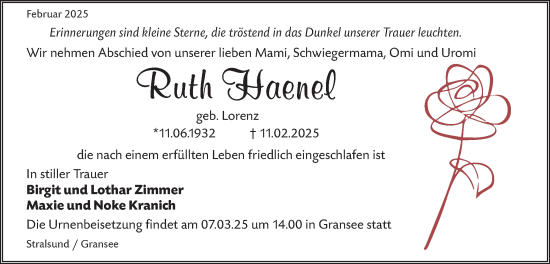 Traueranzeige von Ruth Haenel von Märkische Oderzeitung