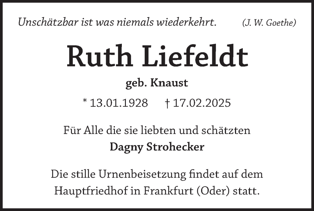  Traueranzeige für Ruth Liefeldt vom 01.03.2025 aus Märkische Oderzeitung
