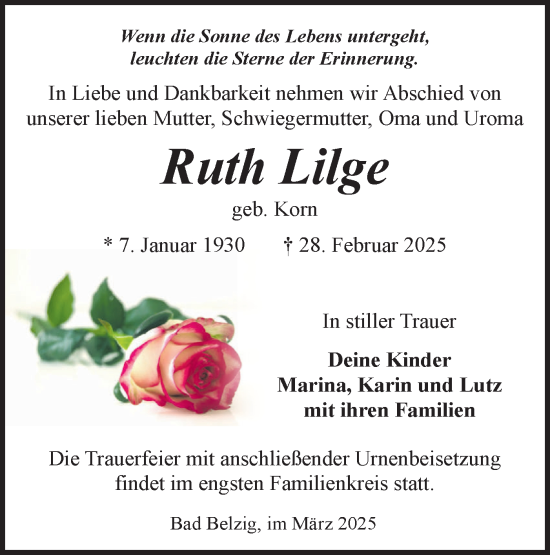 Traueranzeige von Ruth Lilge von Märkische Oderzeitung