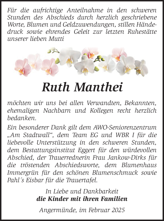 Traueranzeige von Ruth Manthei von Märkische Oderzeitung