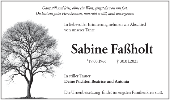 Traueranzeige von Sabine Faßholt von Märkische Oderzeitung