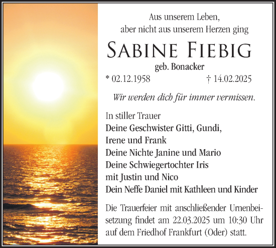Traueranzeige von Sabine Fiebig von Märkische Oderzeitung