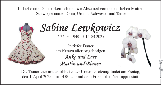 Traueranzeige von Sabine Lewkowicz von Märkische Oderzeitung