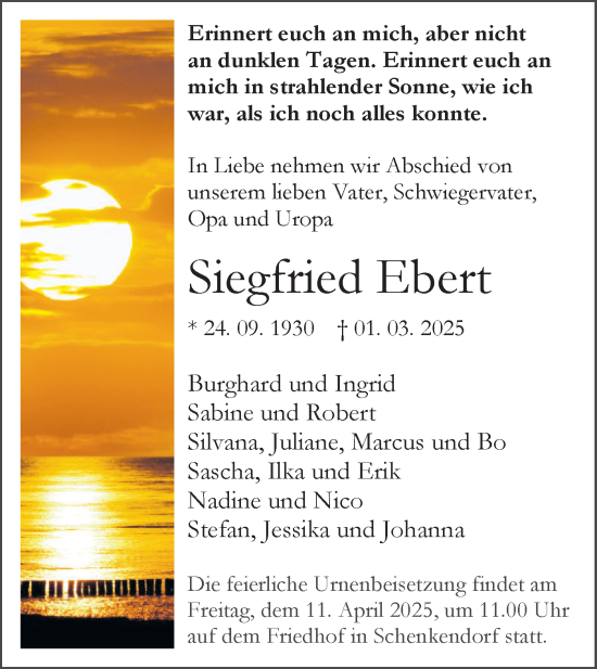 Traueranzeige von Siegfried Ebert von Märkische Oderzeitung