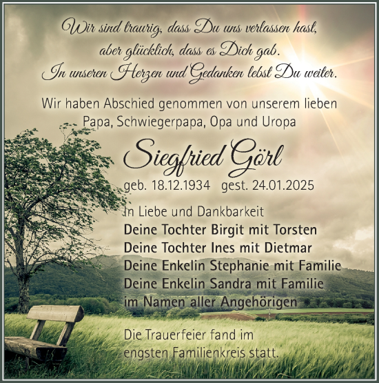 Traueranzeige von Siegfried Görl von Märkische Oderzeitung