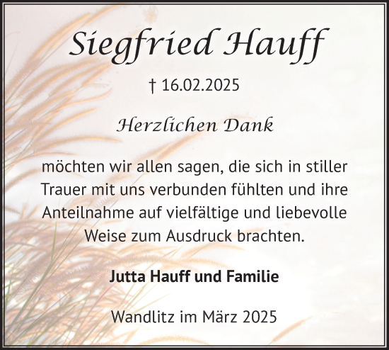 Traueranzeige von Siegfried Hauff von Märkische Oderzeitung