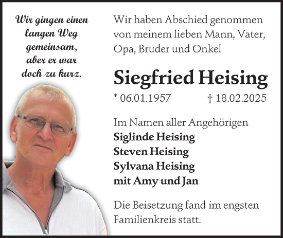 Traueranzeige von Siegfried Heising von Märkische Oderzeitung