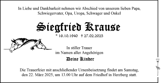 Traueranzeige von Siegfried Krause von Märkische Oderzeitung
